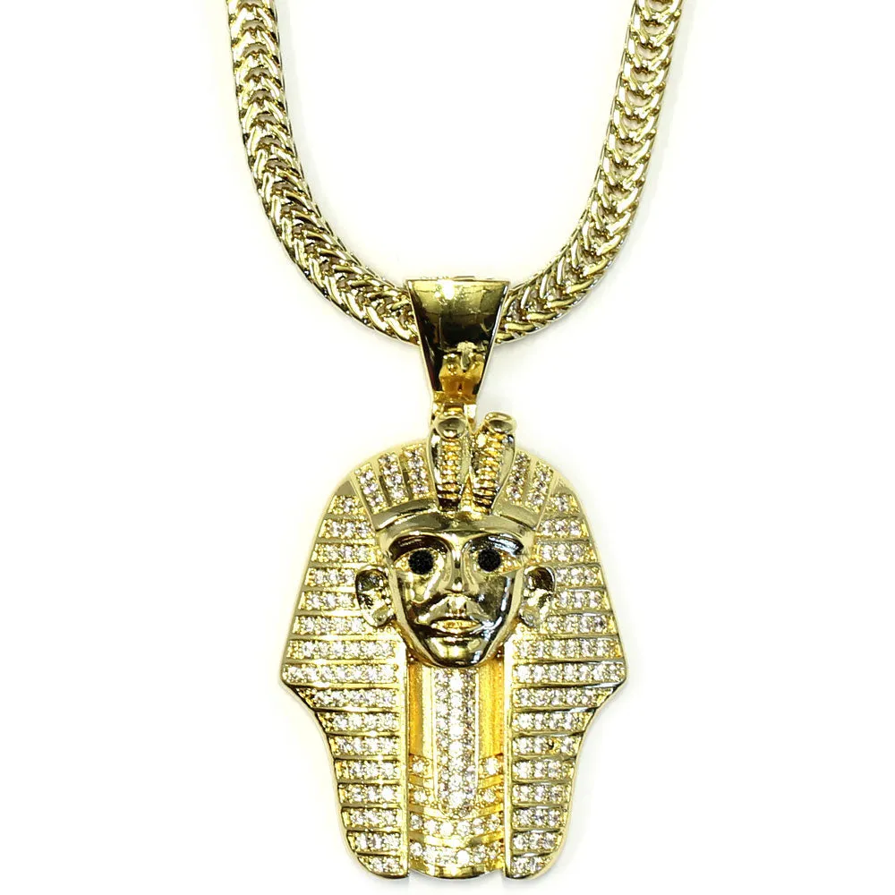 18k Gold Plated CZ  King Tut Pharaoh Pendant with 2.4mm Flat Franco Box Chain