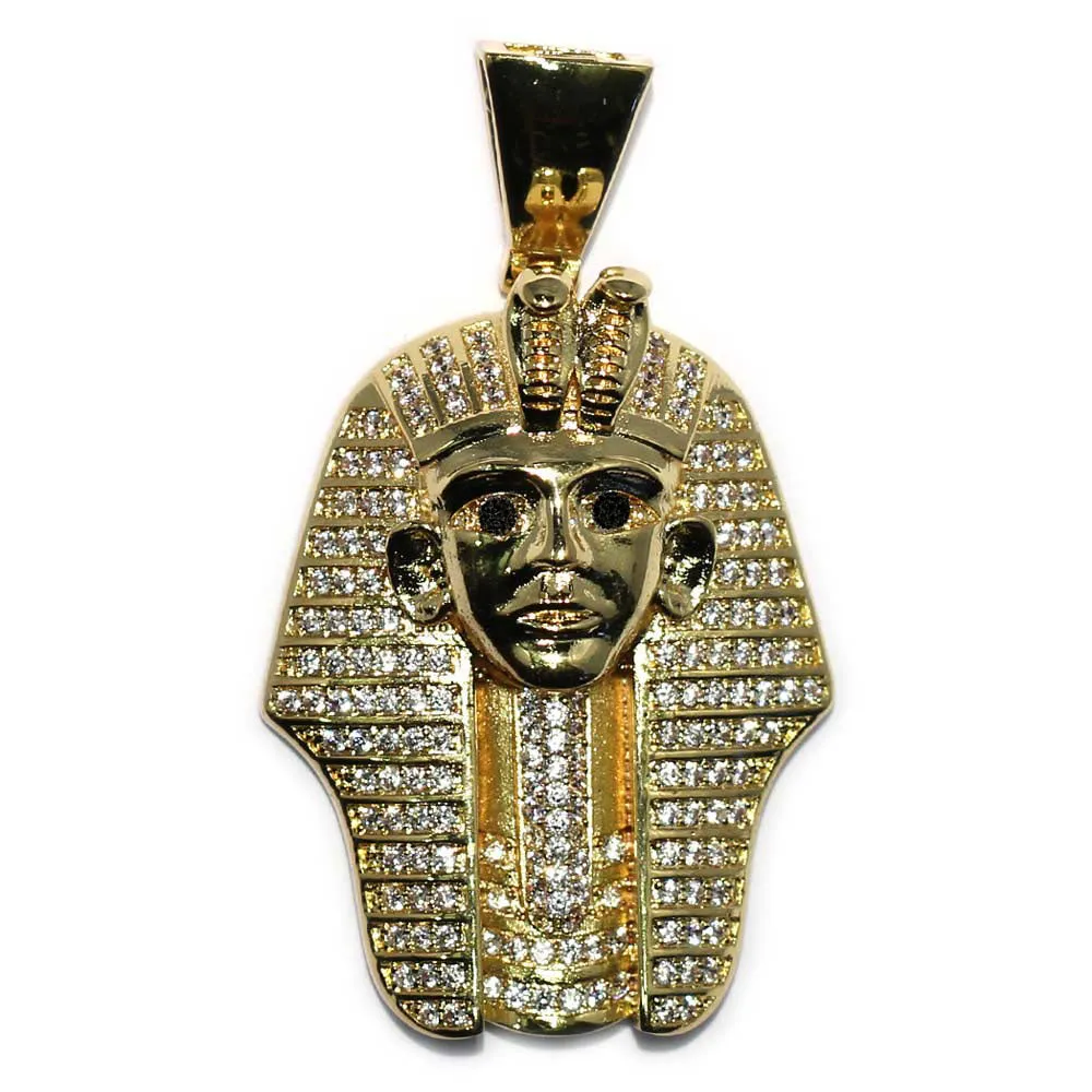 18k Gold Plated CZ  King Tut Pharaoh Pendant with 2.4mm Flat Franco Box Chain