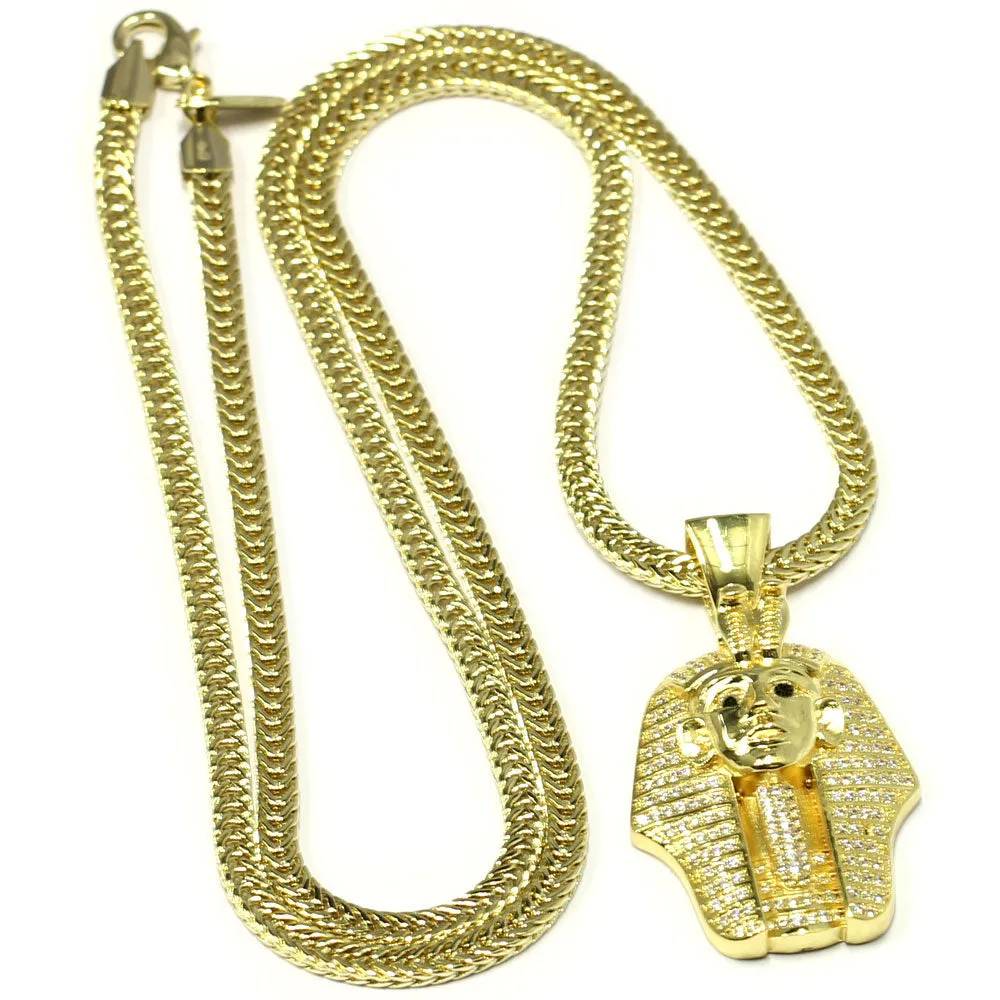 18k Gold Plated CZ  King Tut Pharaoh Pendant with 2.4mm Flat Franco Box Chain