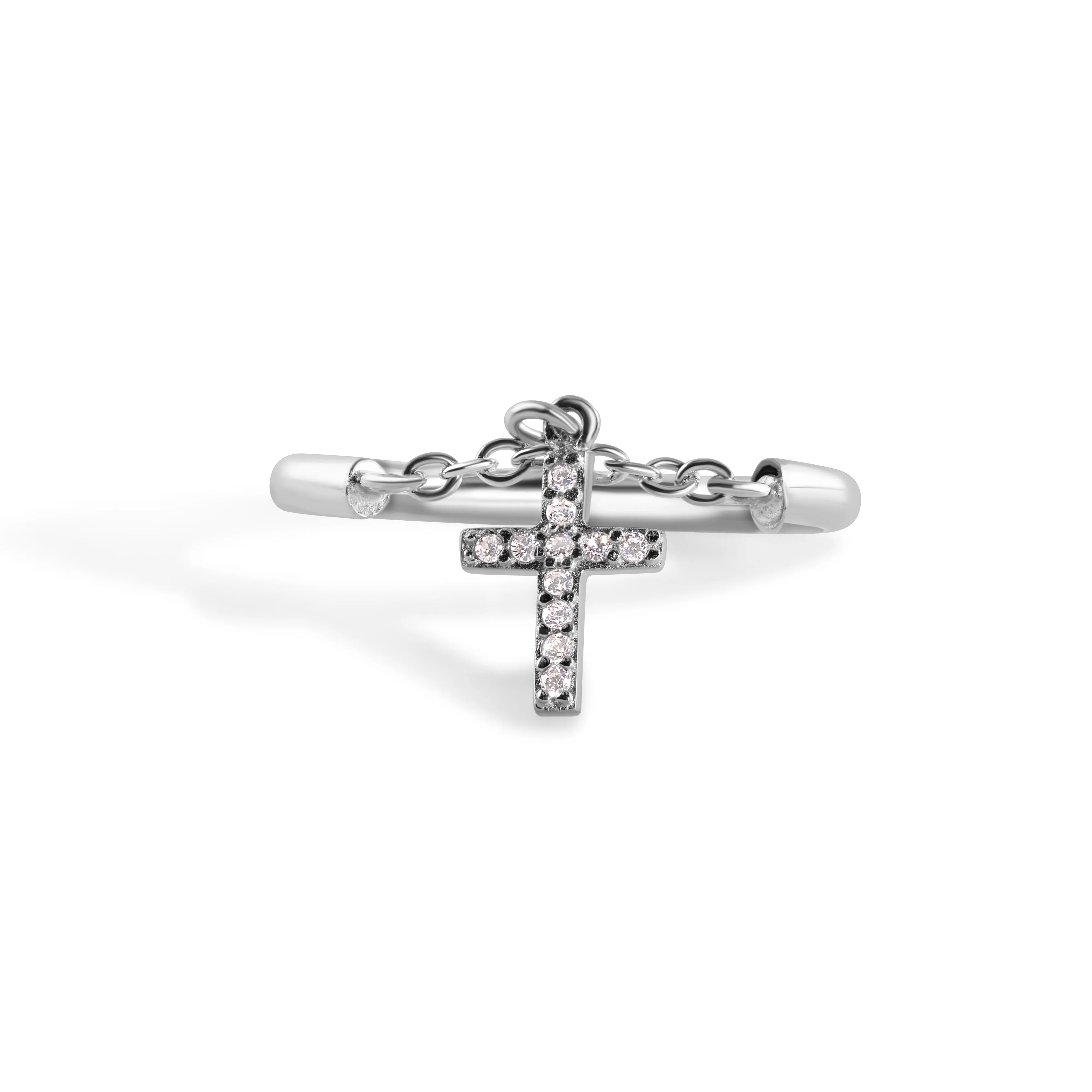 925 Sterling Silver Nickel Free Rhodium Plated Half Ring Chain Dangling Cross Clear CZ Ring - STR01015