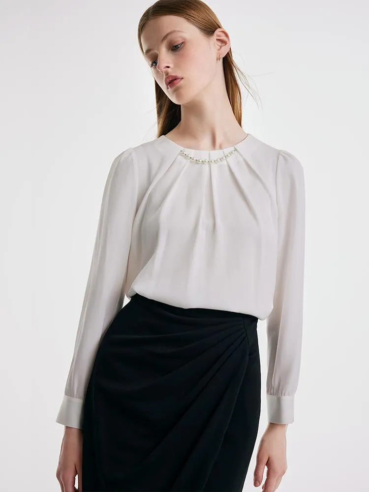 Acetate Woven Blouse With Pearl Chain