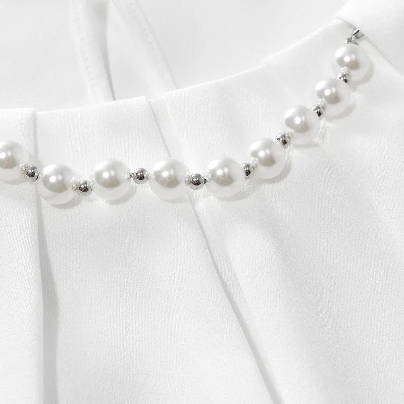 Acetate Woven Blouse With Pearl Chain