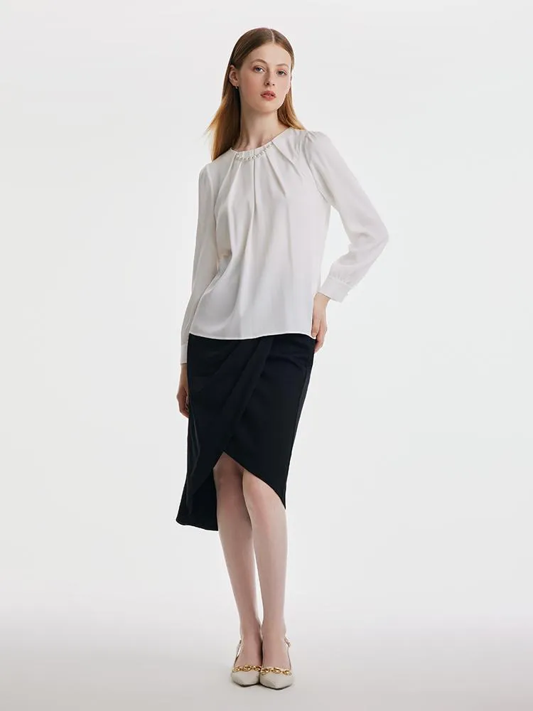 Acetate Woven Blouse With Pearl Chain