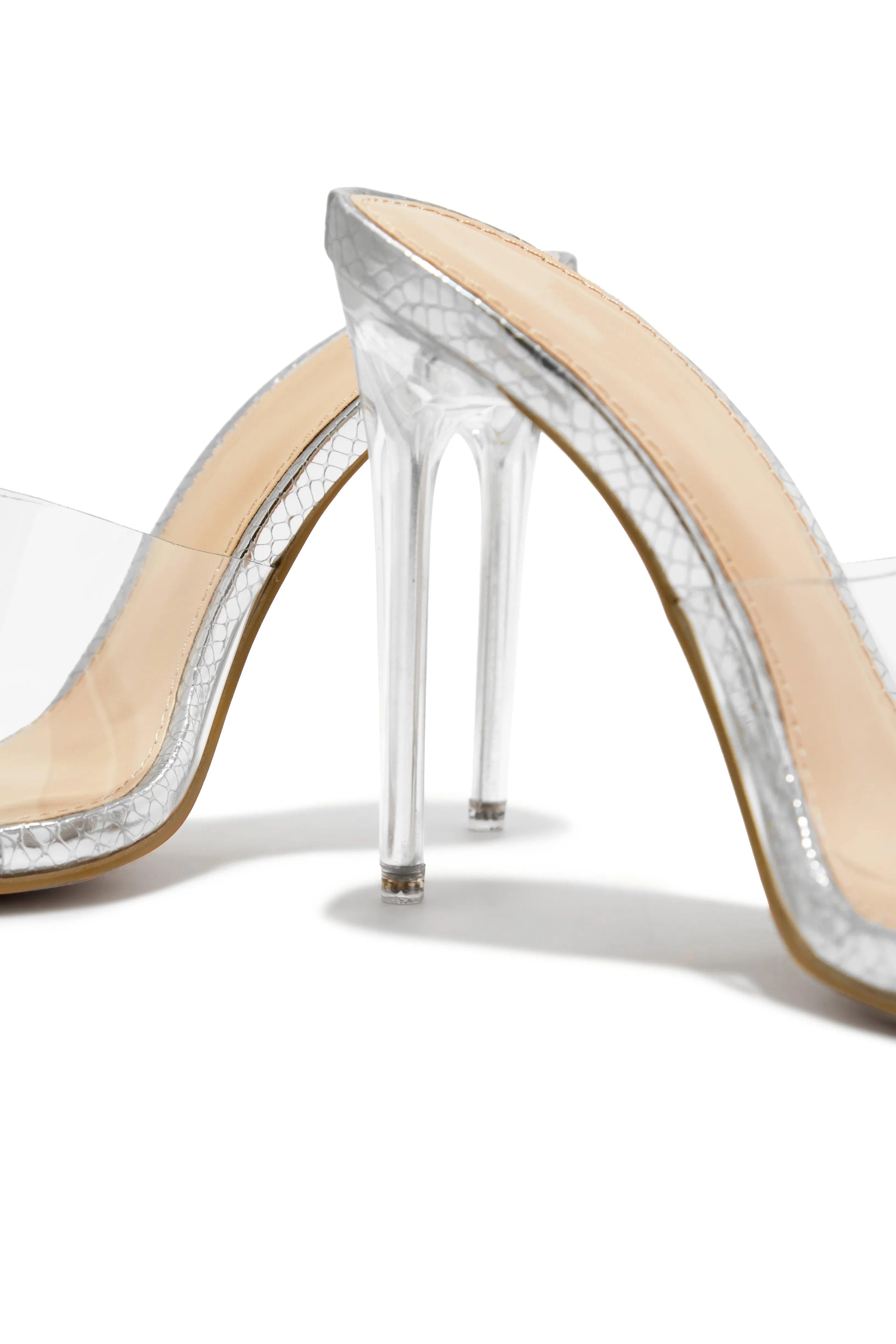 Amerie Clear High Heel Mules - Silver