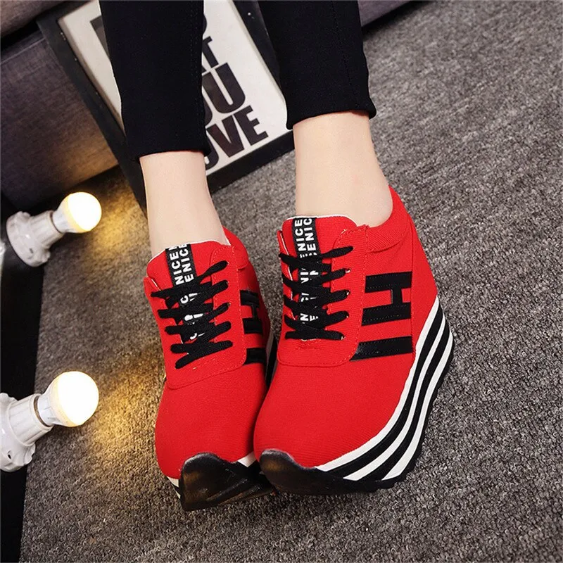 Amozae  High Flat Platform 9Cm Height Increasing Casual Shoes Woman Spring New Hidden Wedge Sneakers Female Vulcanize Shoes