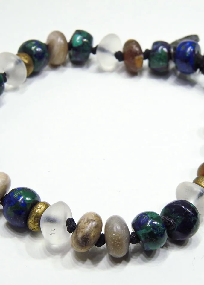 Azurite, Clear Quartz Crystal Malachite & Wood Opalite Bracelet