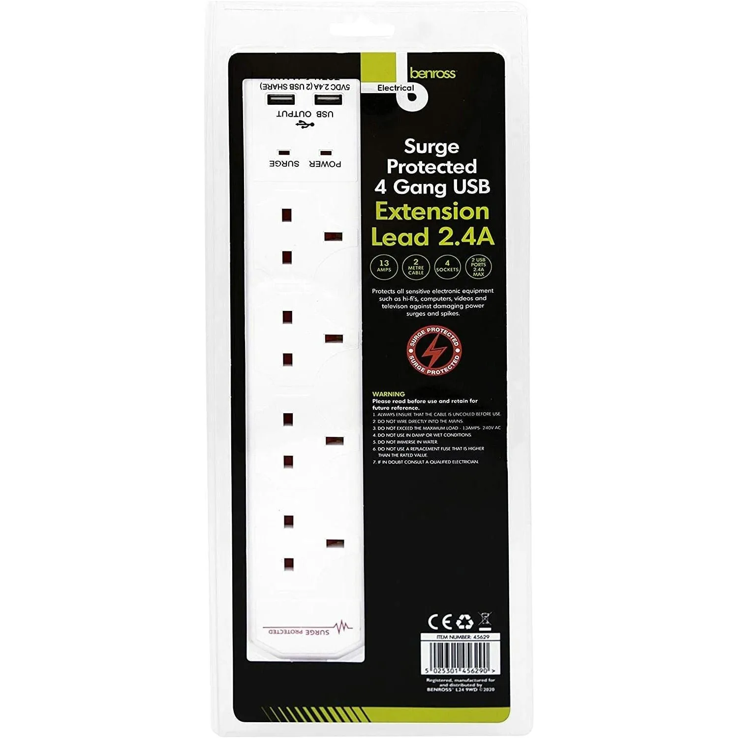 Benross 4 Way 2M 13A Surge Protected USB Extension Lead - White | 456290