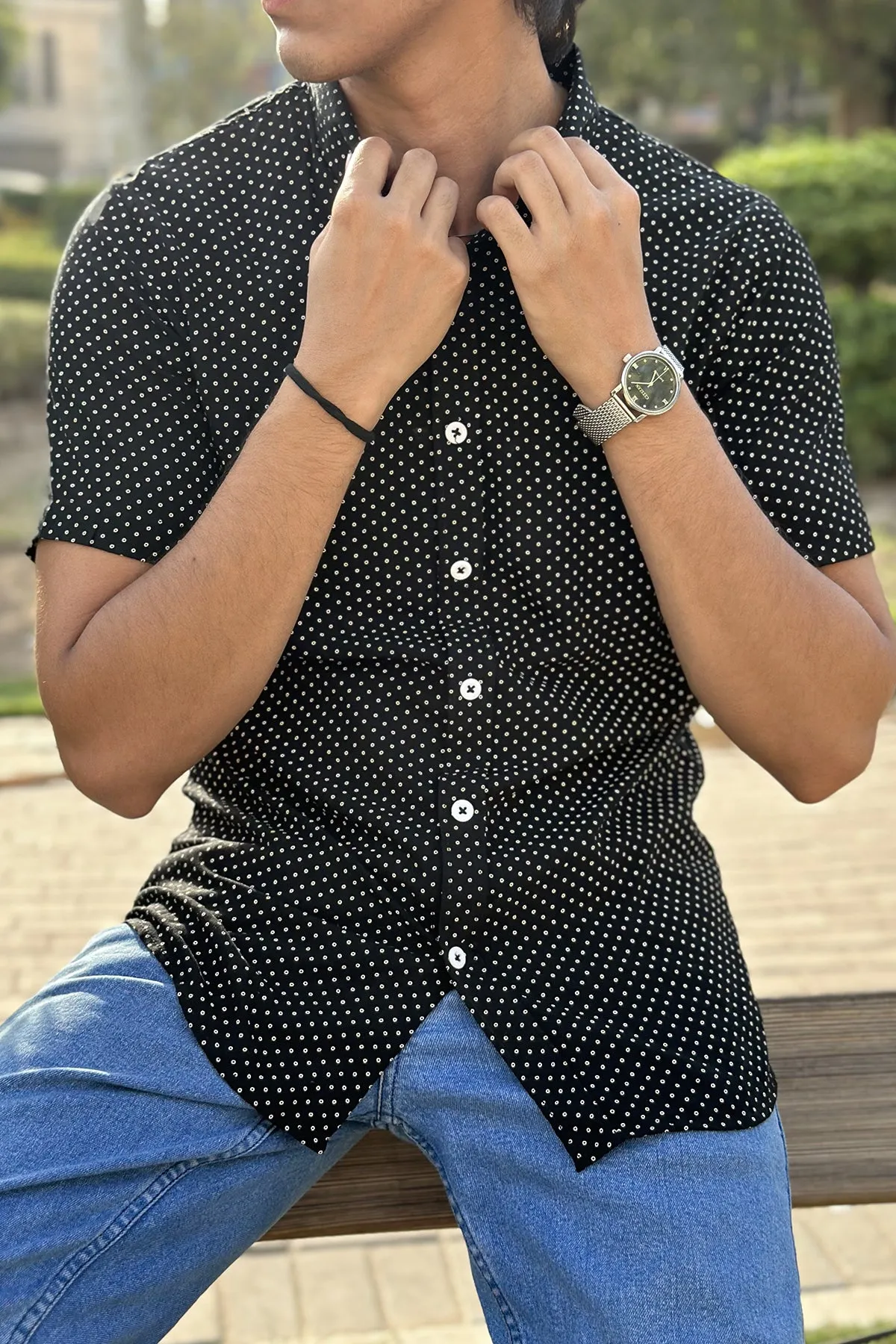 Black With White dots Collar Shirt