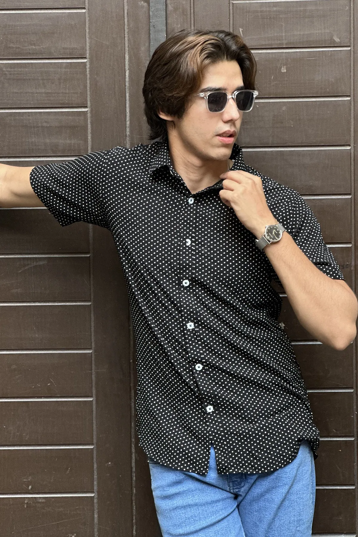 Black With White dots Collar Shirt