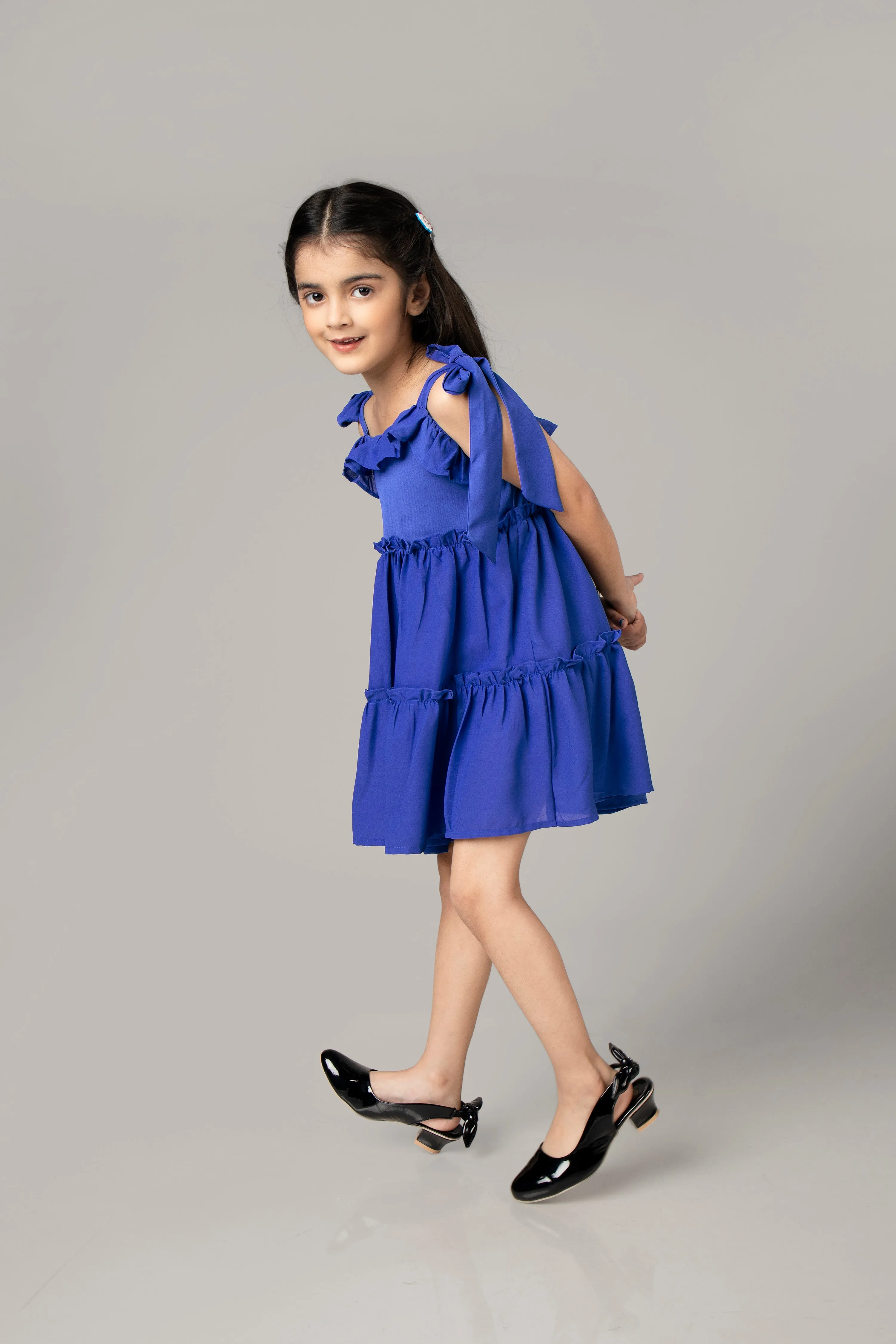 Blue Ruffle Detailed Tiered Midi Dress For Girls