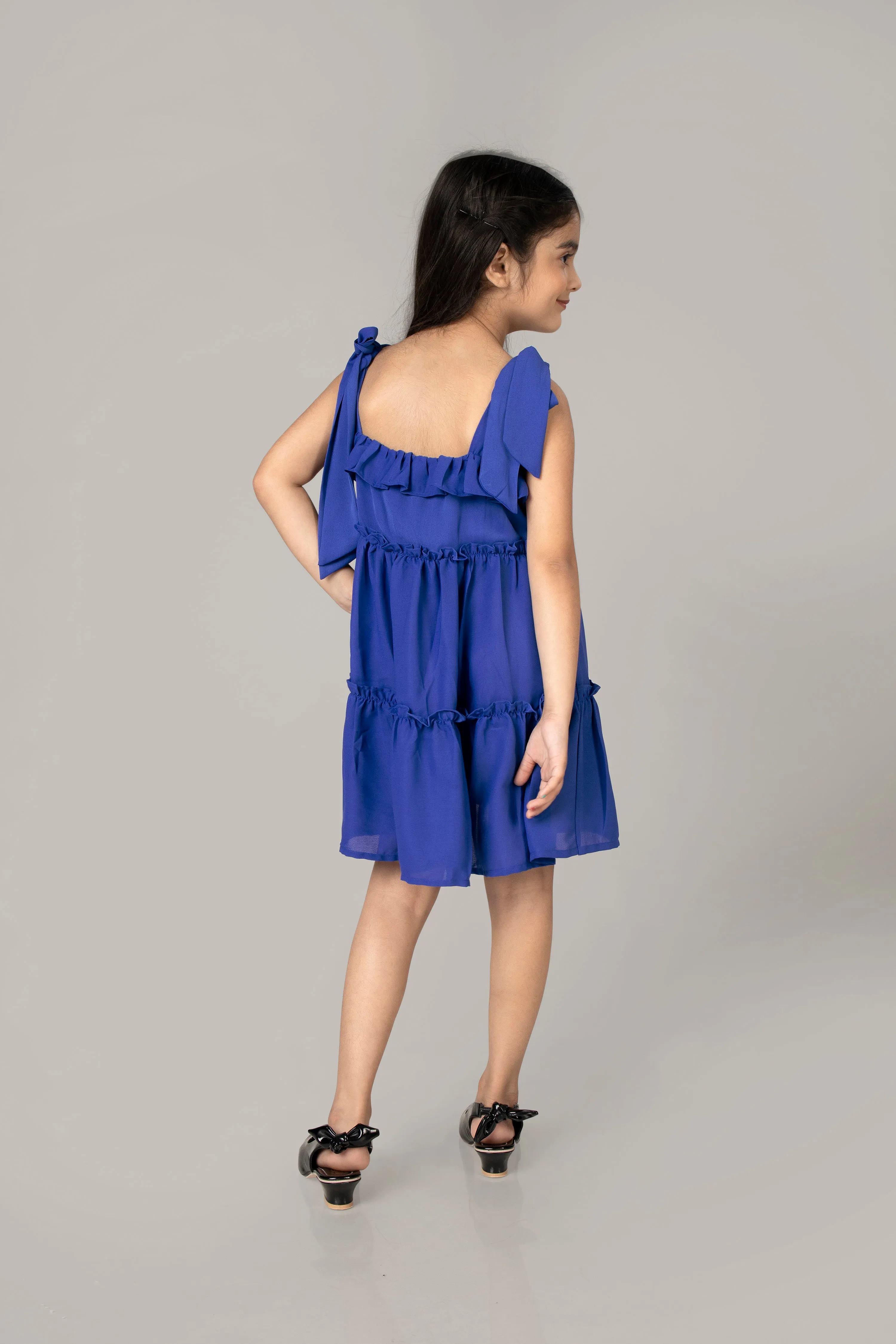 Blue Ruffle Detailed Tiered Midi Dress For Girls