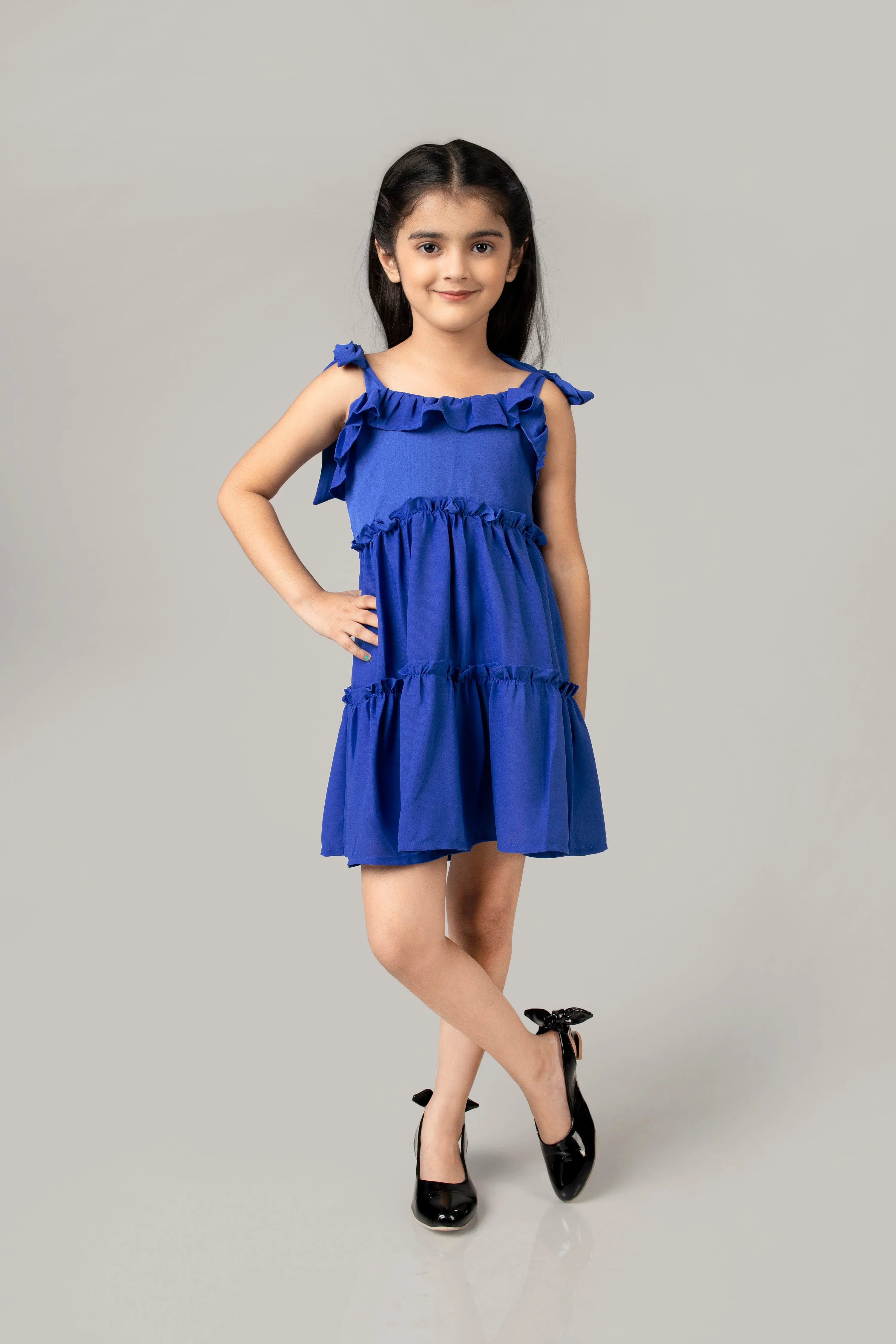 Blue Ruffle Detailed Tiered Midi Dress For Girls