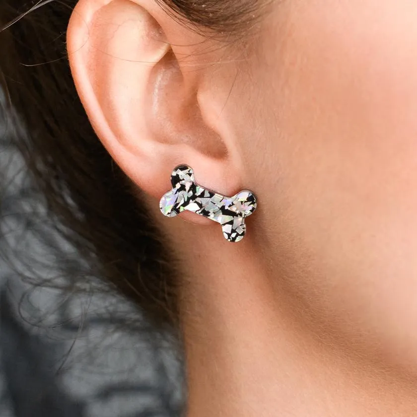 Bones Chunky Glitter Resin Stud Earrings - Silver