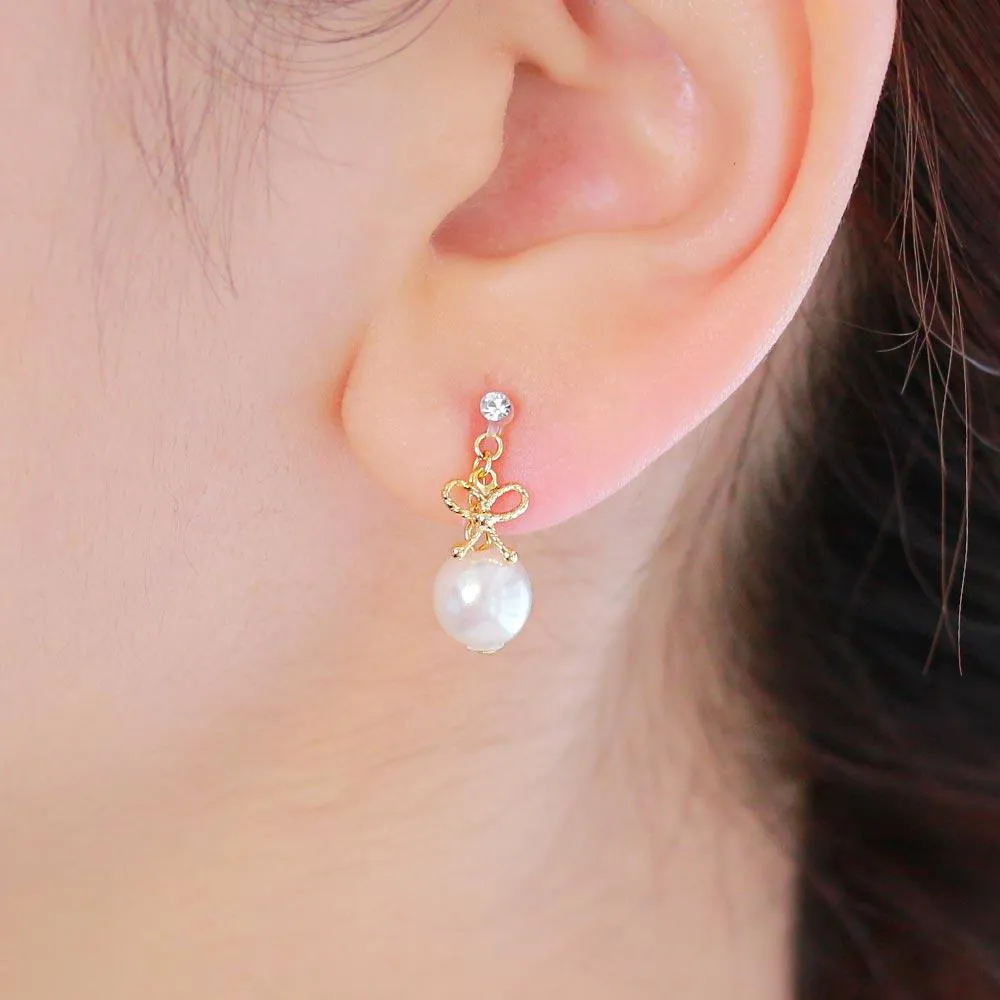 Bow and Pearl Invisible Clip On Earrings