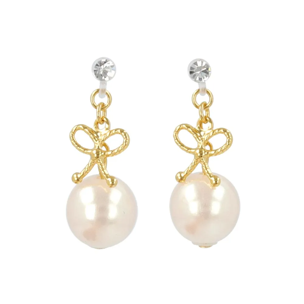 Bow and Pearl Invisible Clip On Earrings