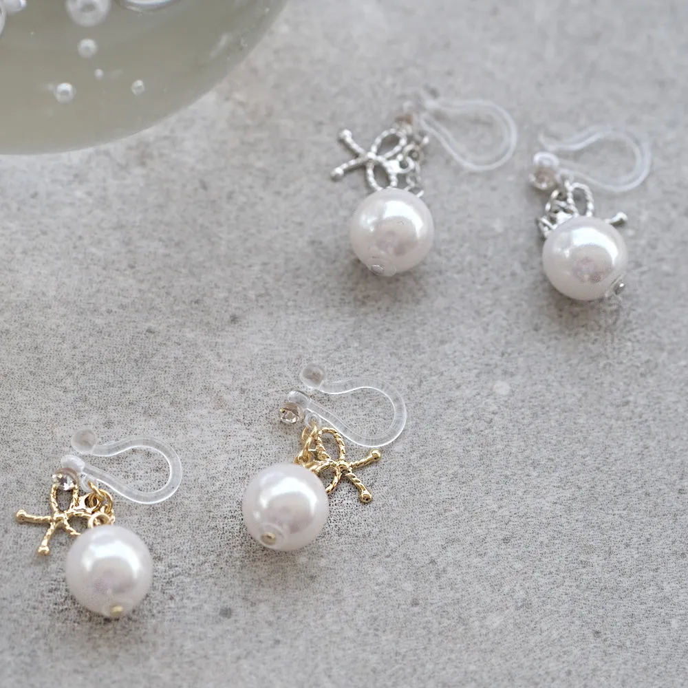 Bow and Pearl Invisible Clip On Earrings