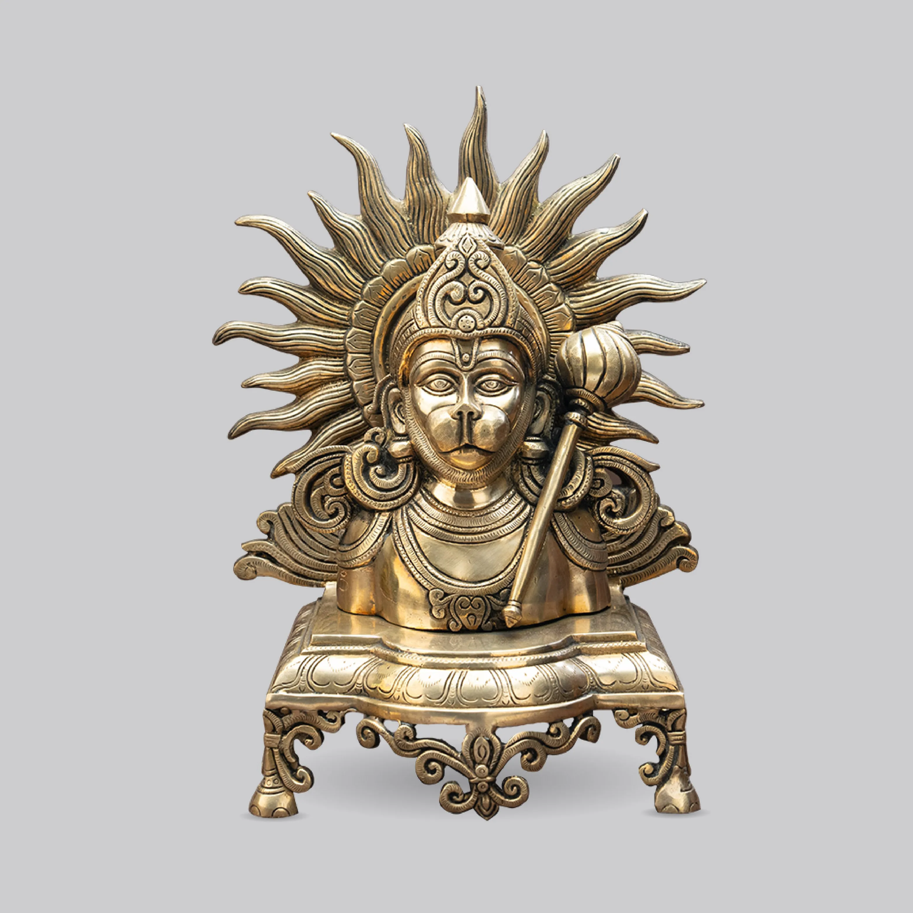 Brass Hanuman Bust on Chowki 14.5 in