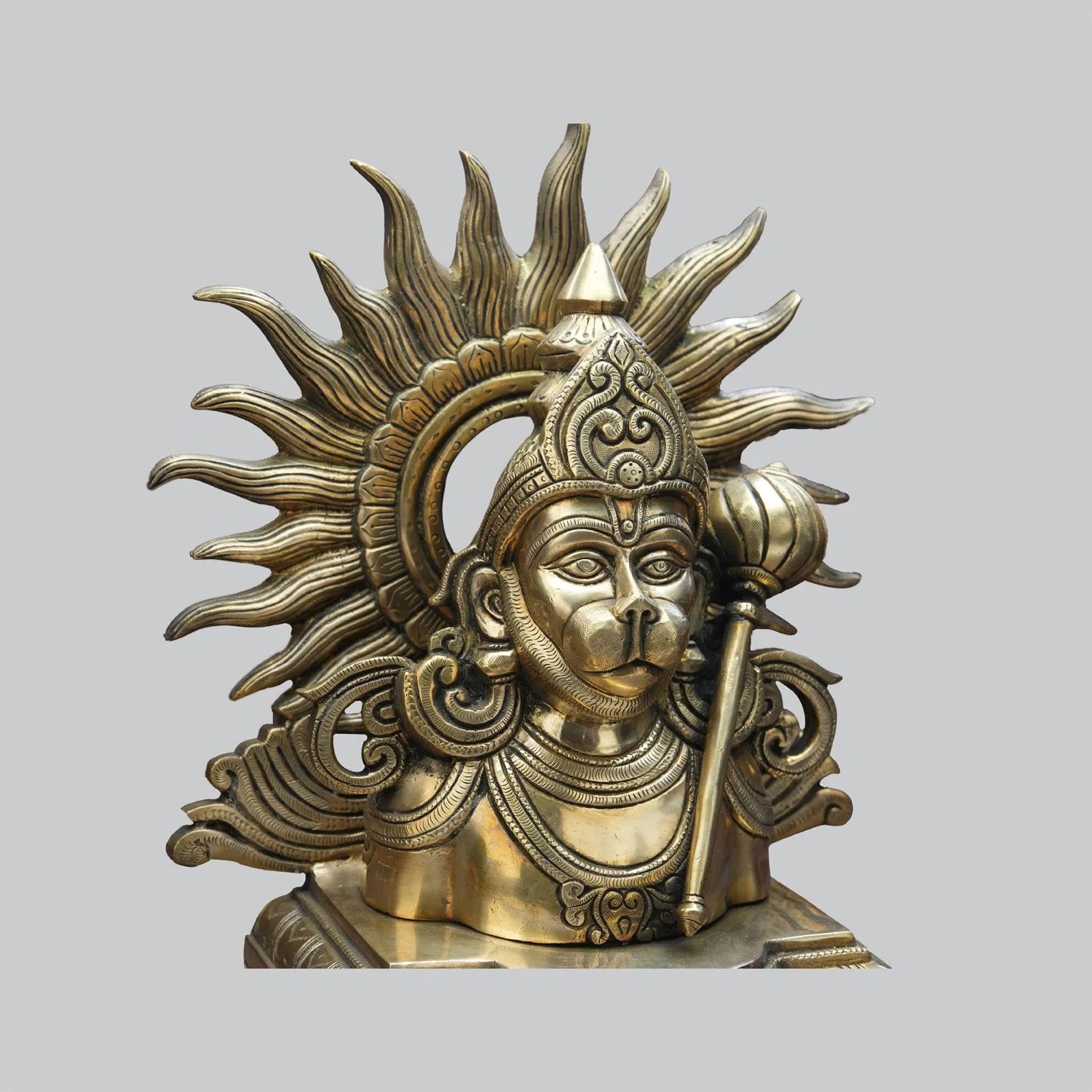 Brass Hanuman Bust on Chowki 14.5 in