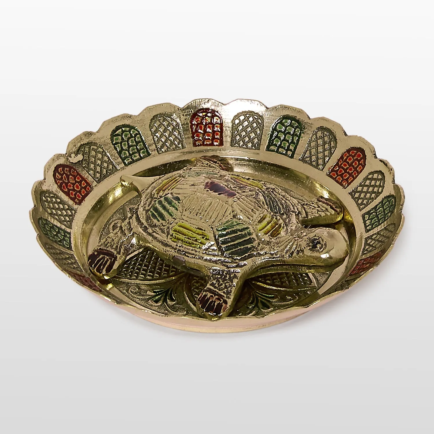 Brass Tortoise with Meenakari Tray - 3 in