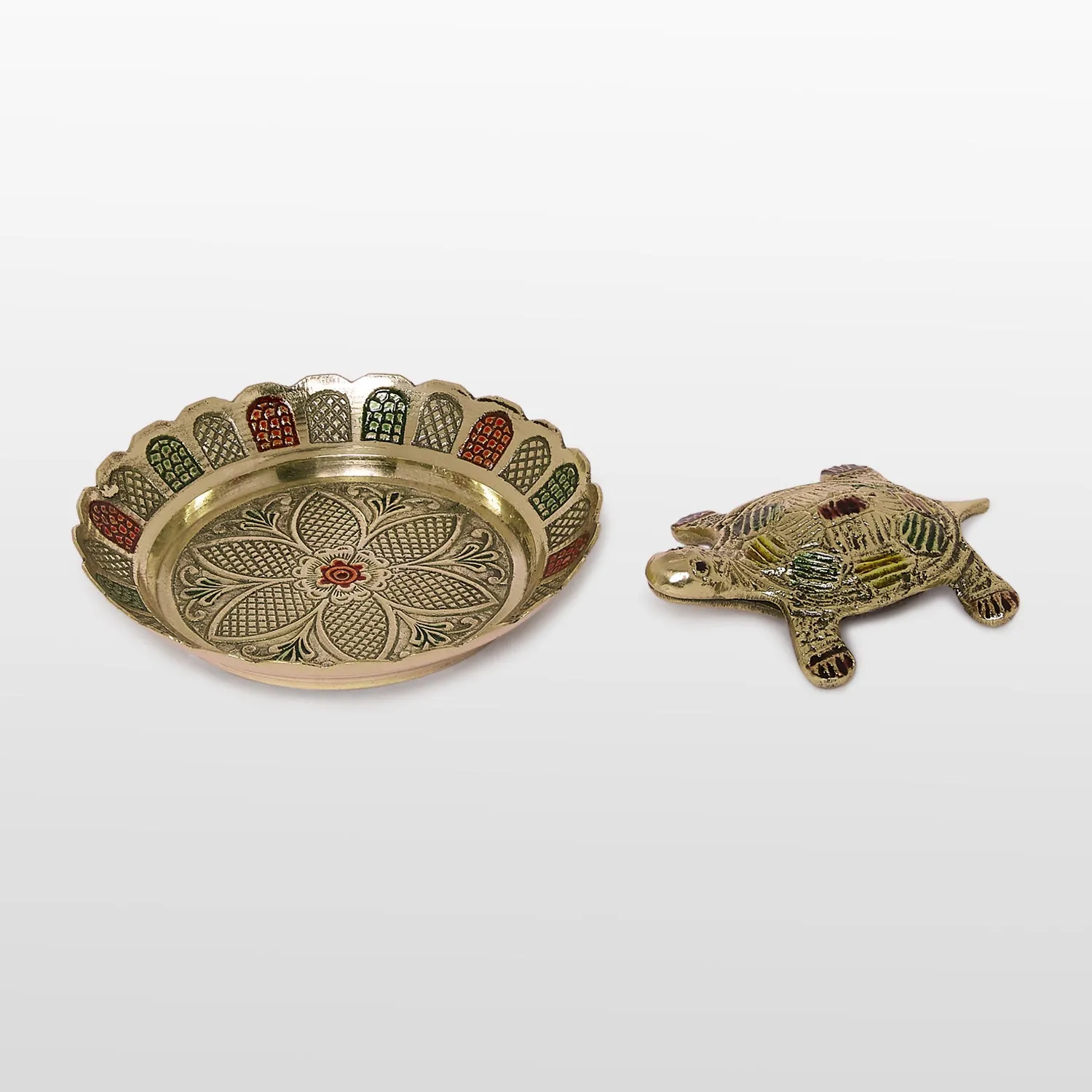 Brass Tortoise with Meenakari Tray - 3 in