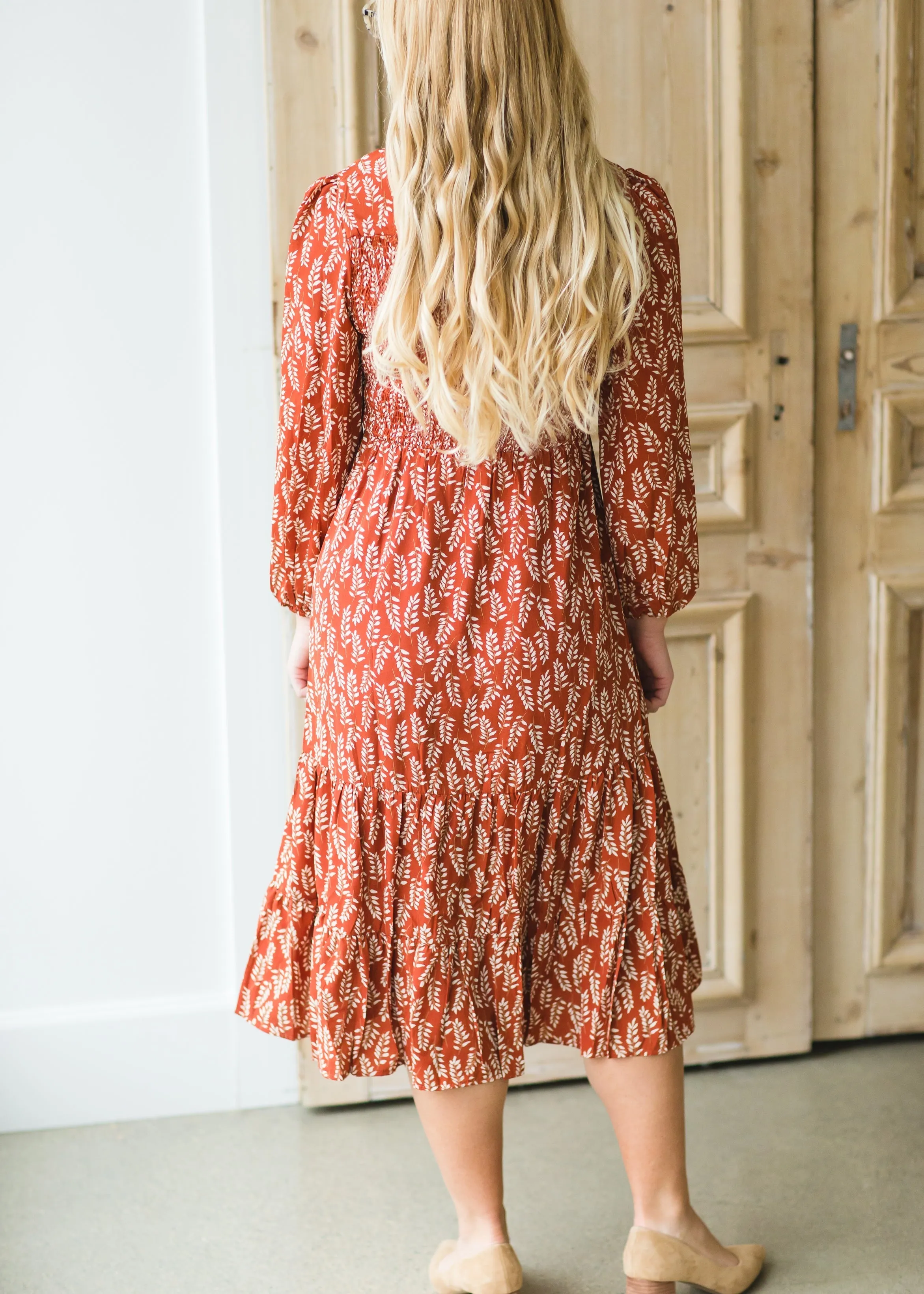 Brown Tiered Leaf Print Dress - FINAL SALE