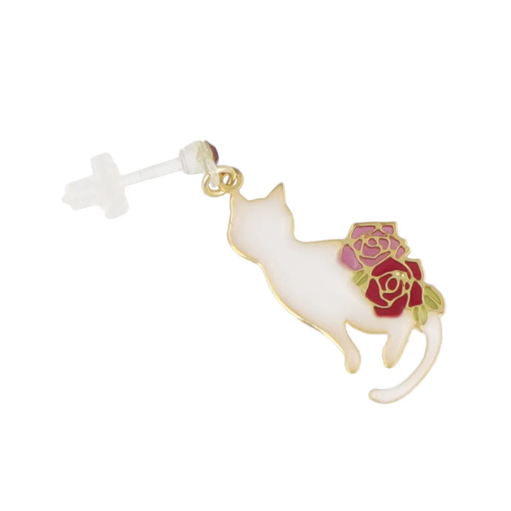 Cat and Rose Drop Plastic Earrings