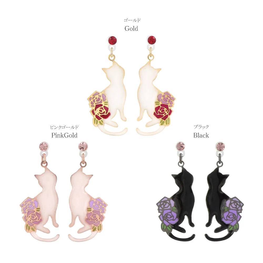 Cat and Rose Drop Plastic Earrings