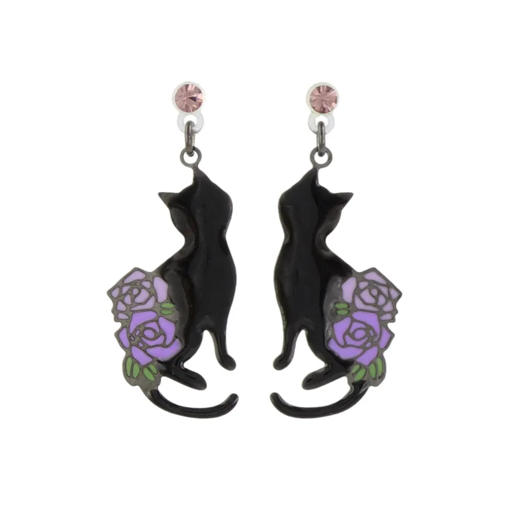 Cat and Rose Drop Plastic Earrings