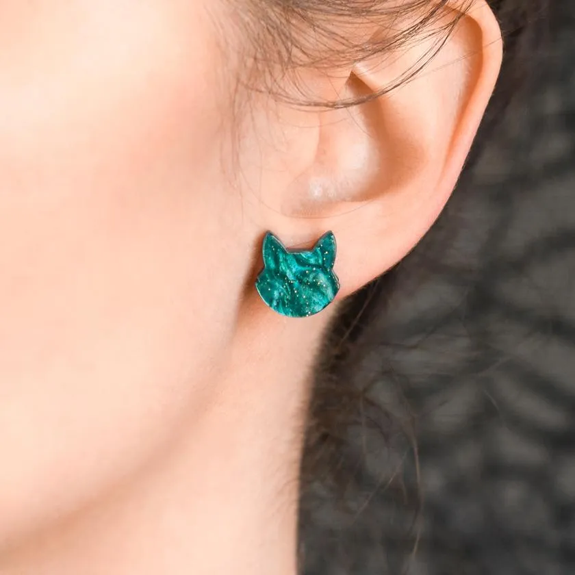 Cat Head Ripple Glitter Resin Stud Earrings - Green