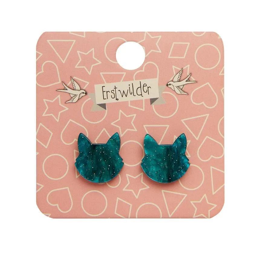 Cat Head Ripple Glitter Resin Stud Earrings - Green