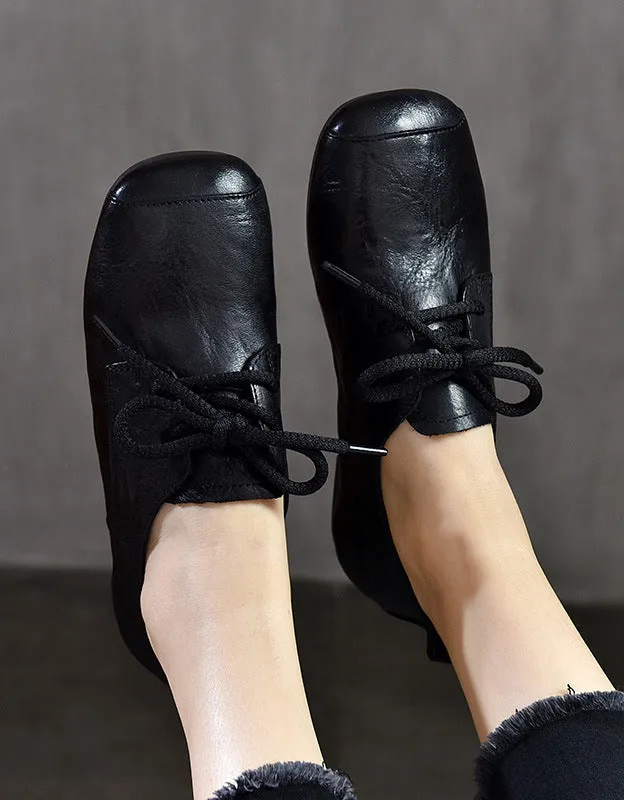 Comfortable Leather Square Toe Lace-up Retro Flat Shoes