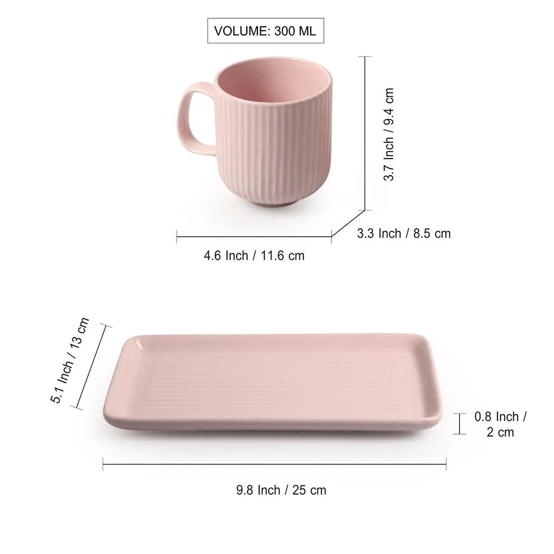 'Coral Reef' Glazed Studio Pottery Ceramic Tea & Coffee Mugs with Tray (Set of 2, 300 ml, Pink)