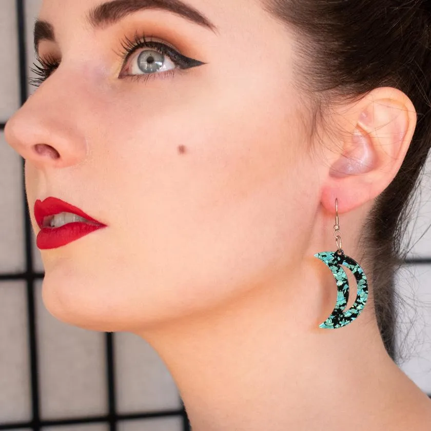 Crescent Moon Chunky Glitter Resin Drop Earrings - Teal