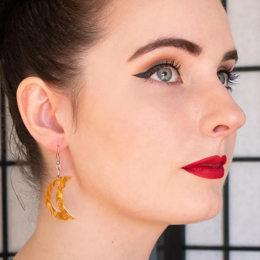 Crescent Moon Ripple Resin Drop Earrings - Gold