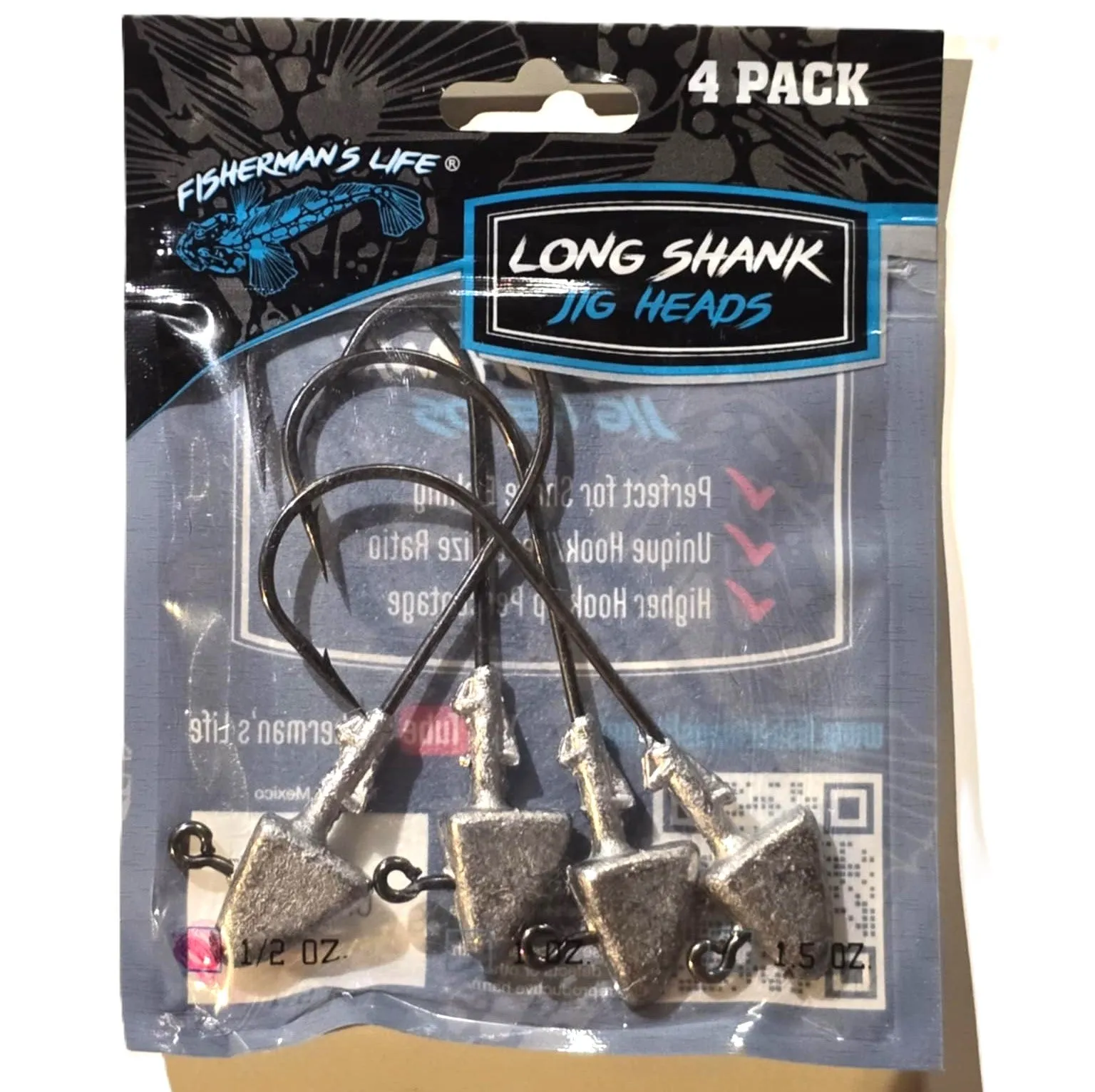 Exclusive Long Shank Jig Heads 4 PACK by Fisherman's Life (1/2oz, 1oz, 1.5oz)