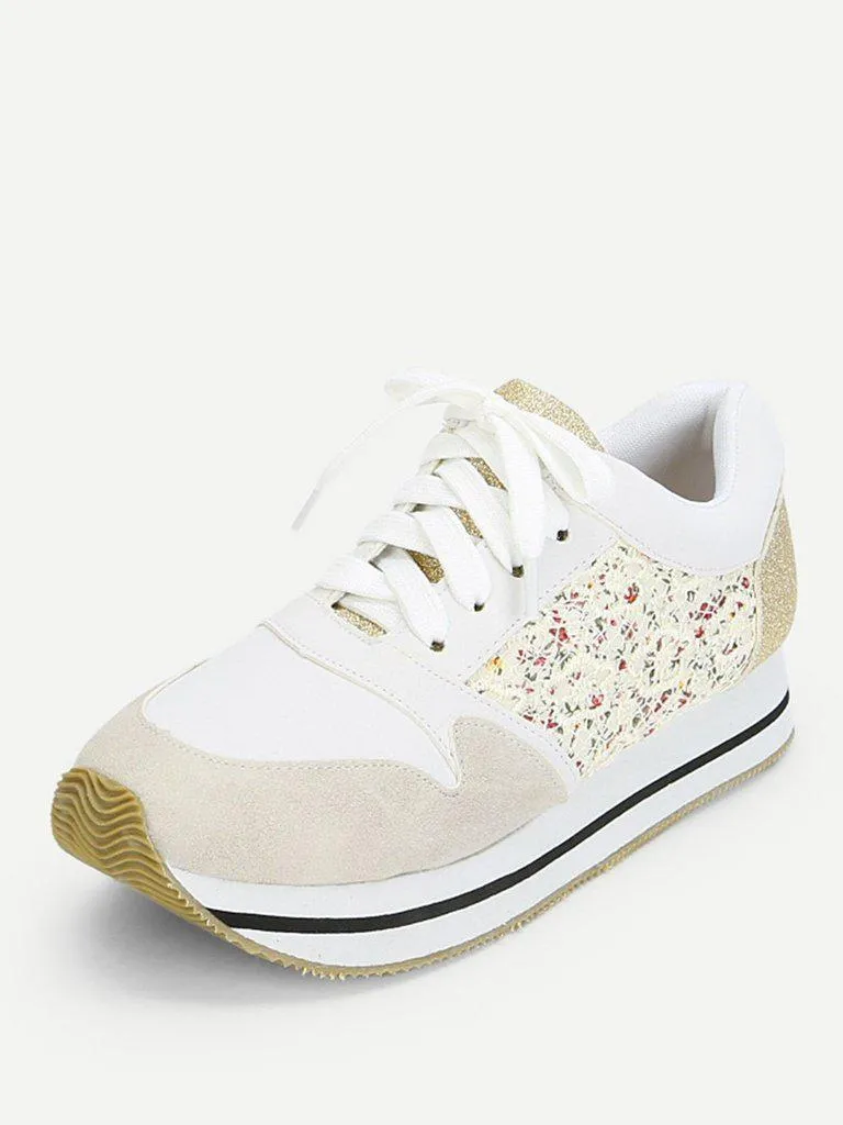 Flower Lace Panel Lace Up Trainers