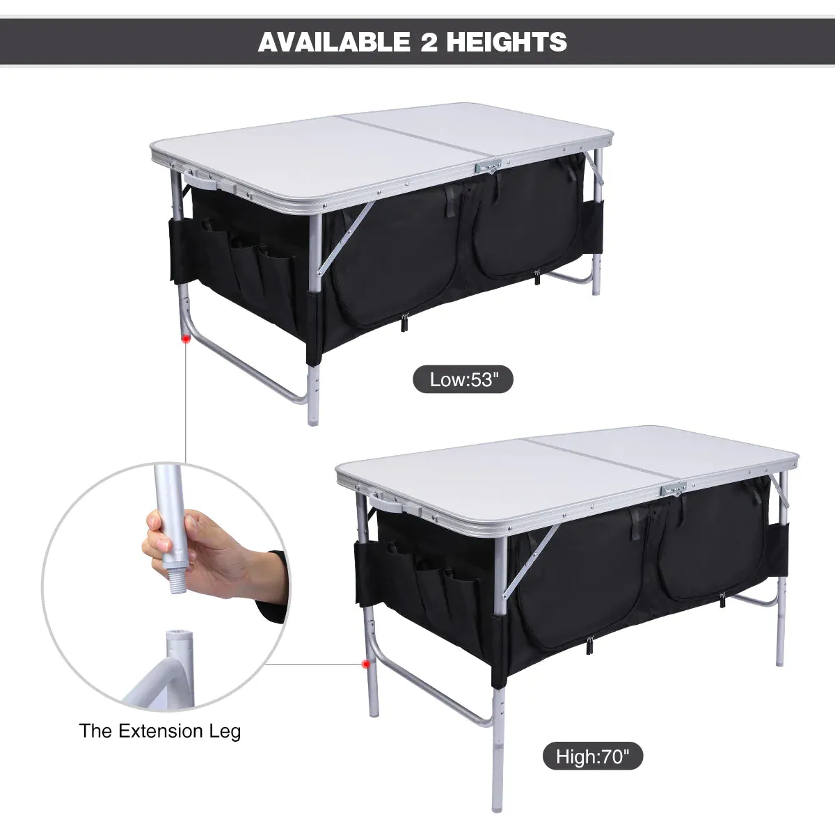 Folding Camping Table with Storage Organizer Adjustable Height