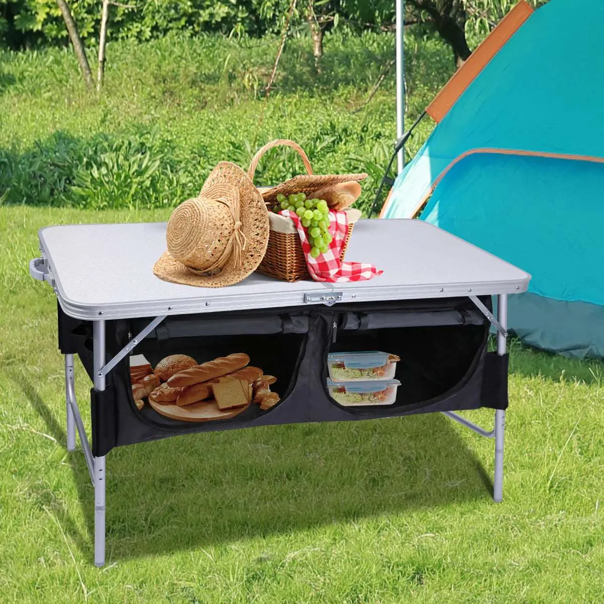 Folding Camping Table with Storage Organizer Adjustable Height