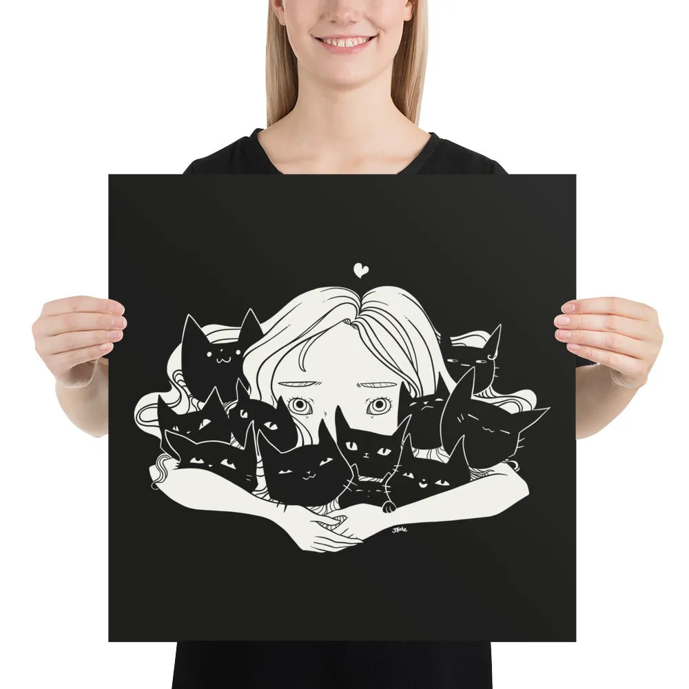 Girl Hugging Cats, Matte Art Print Poster