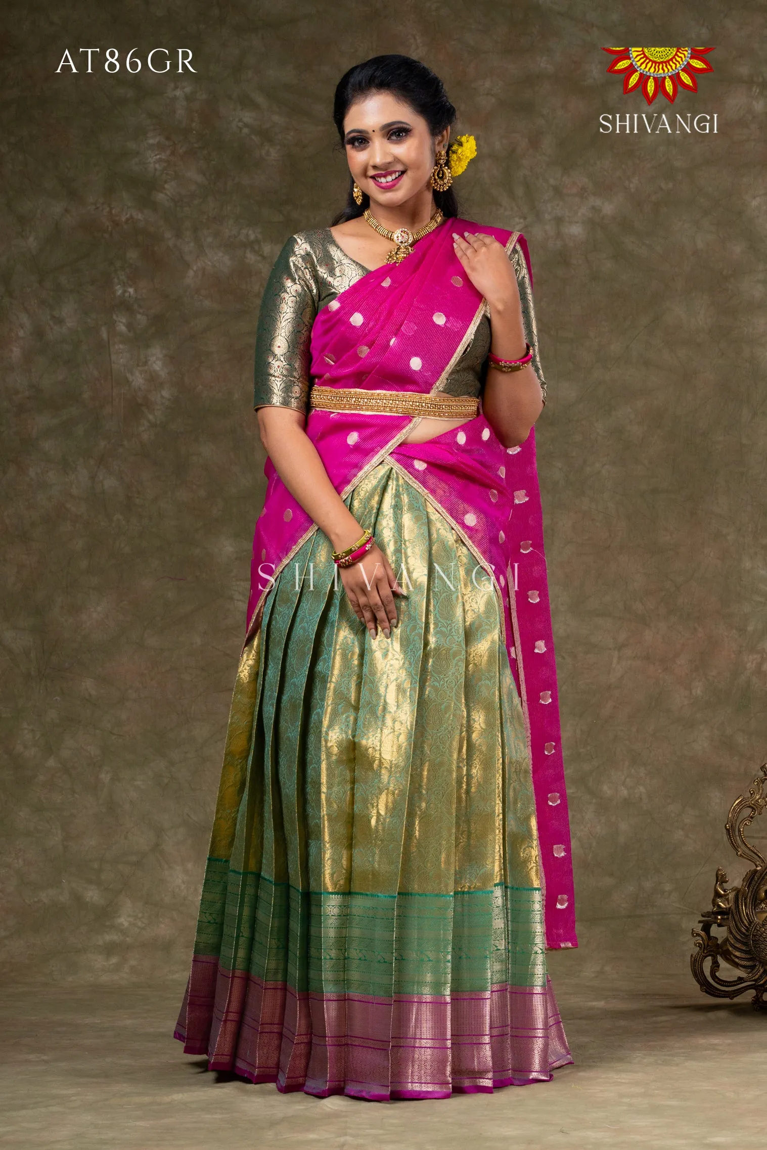 Girls Green Potly Mango Half Saree | Langa Davani