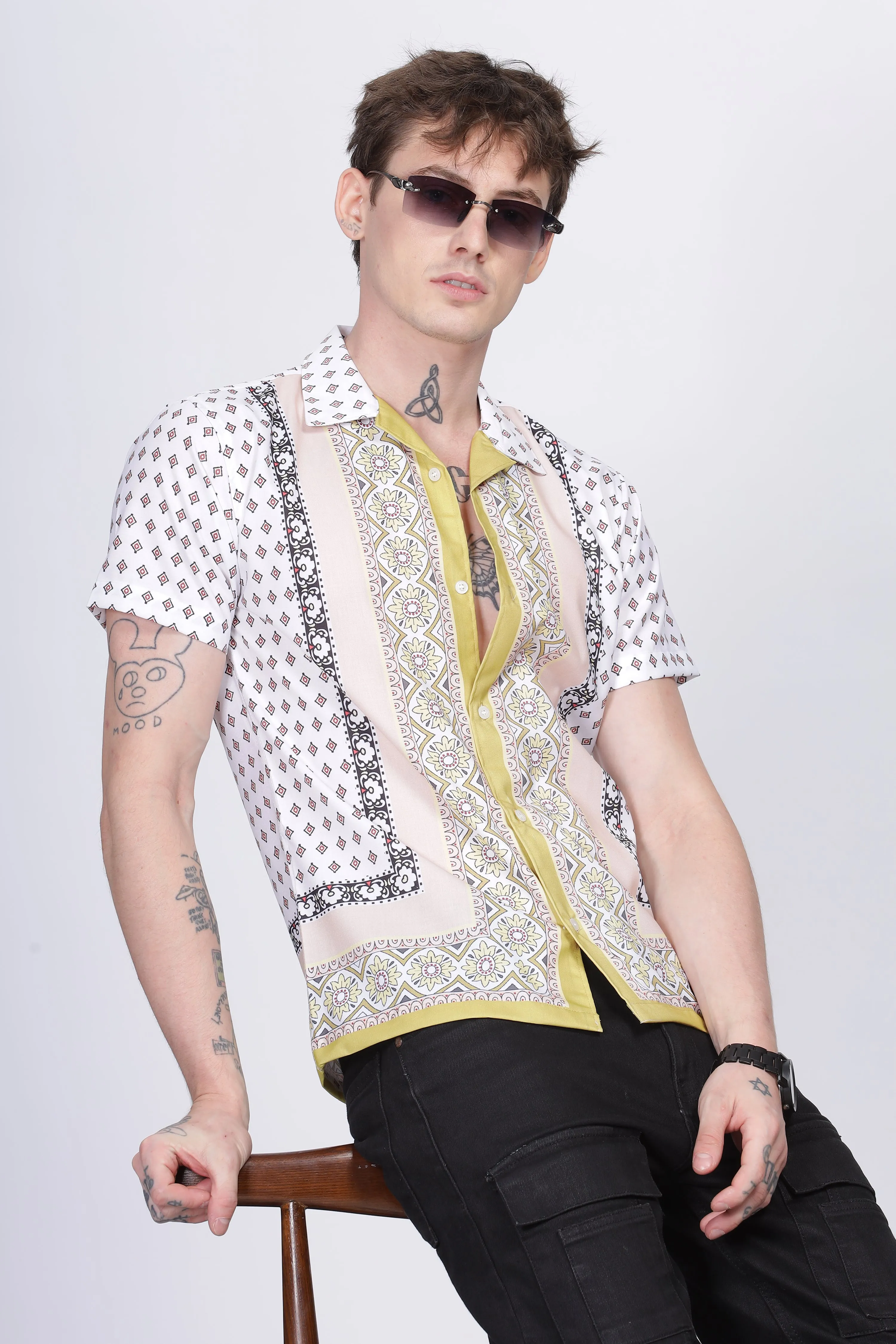 Green boder printed half sleeve shirt