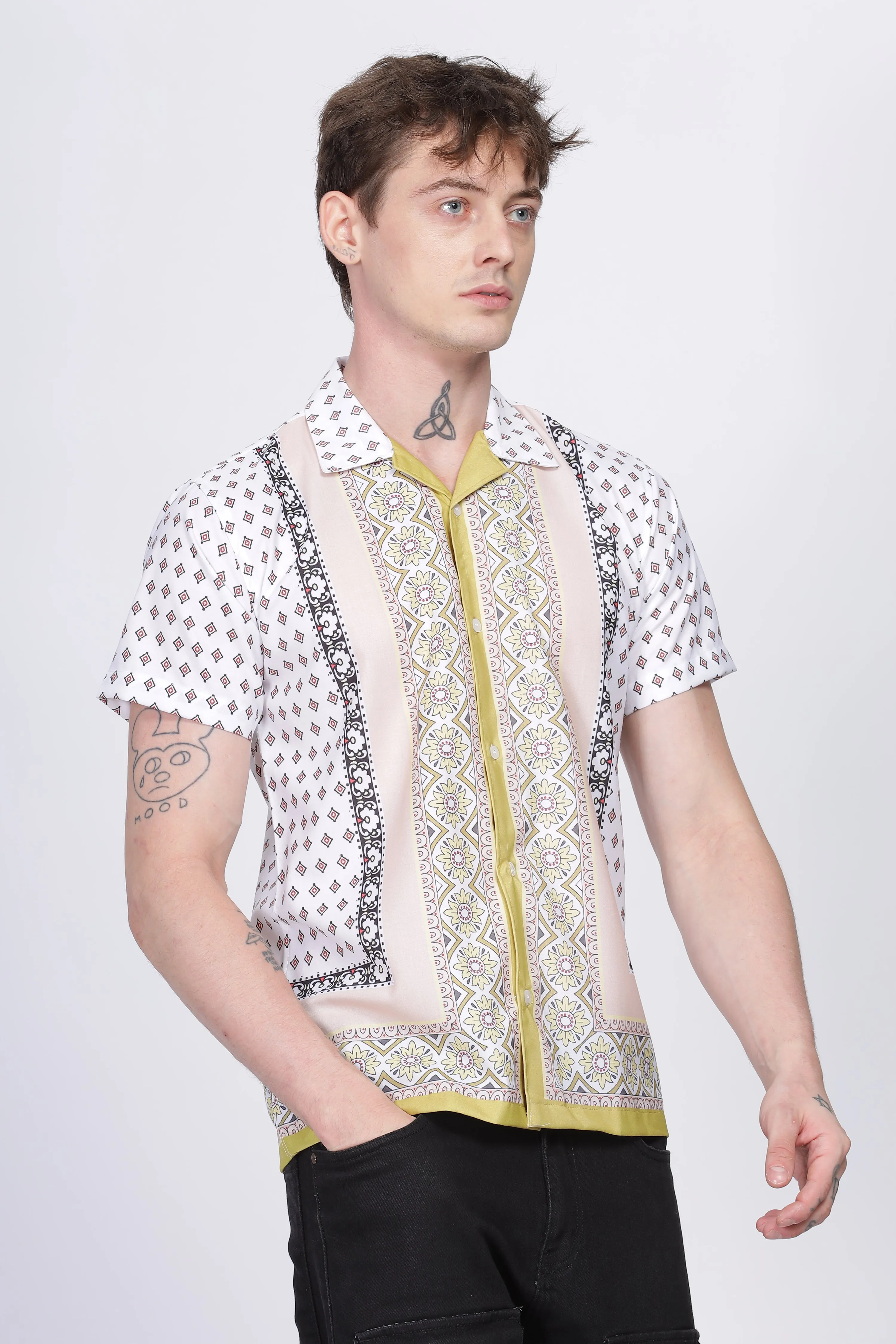 Green boder printed half sleeve shirt