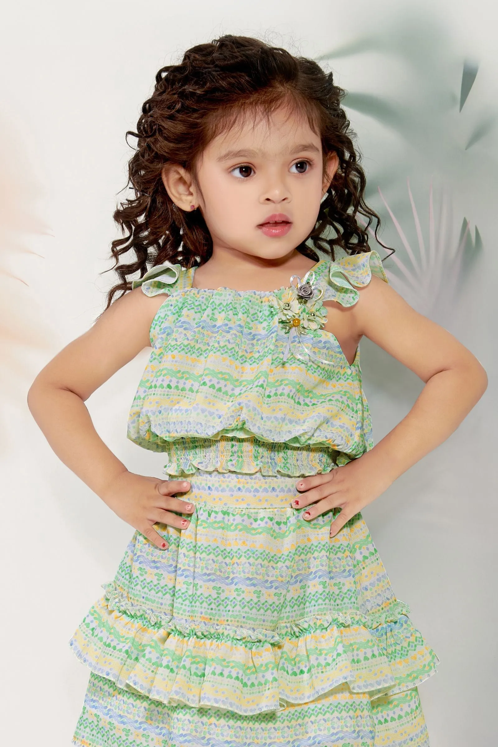 Green with Multicolor Printed Top and Skirt for Girls