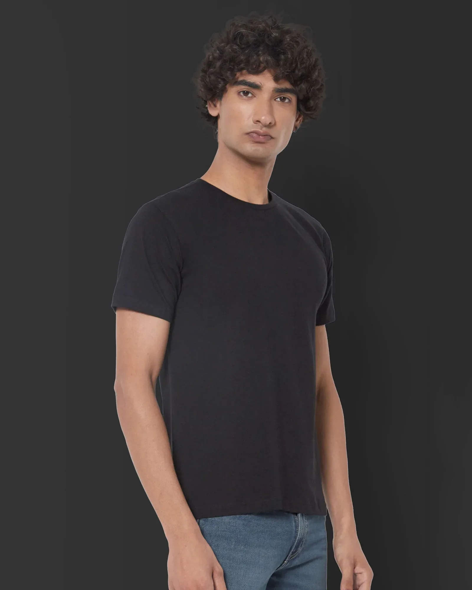 Half Sleeves Crew Neck: Solid Black