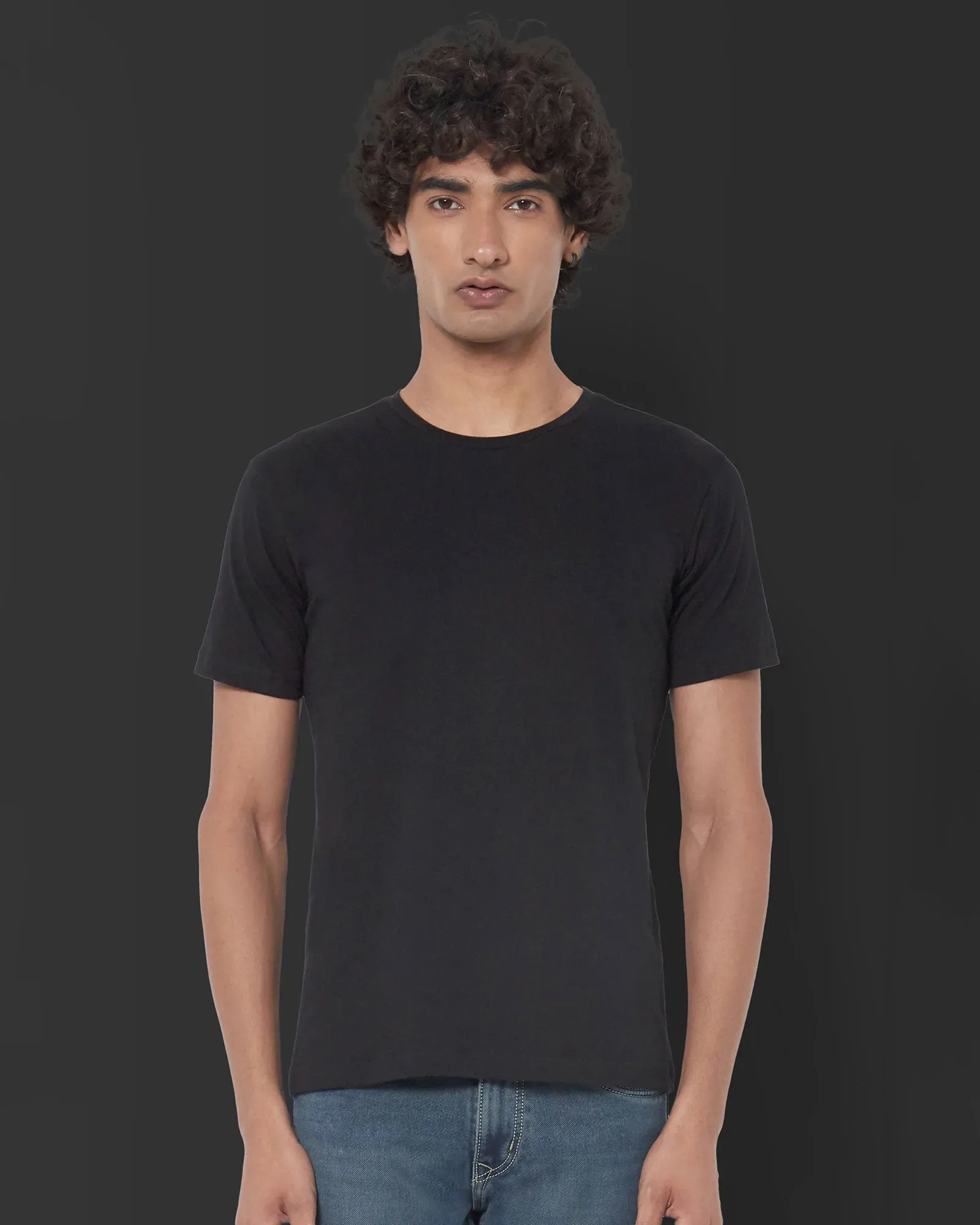 Half Sleeves Crew Neck: Solid Black