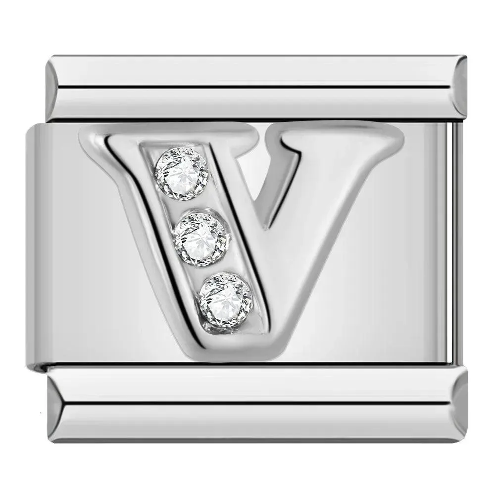 Letter V with Stones, on Silver