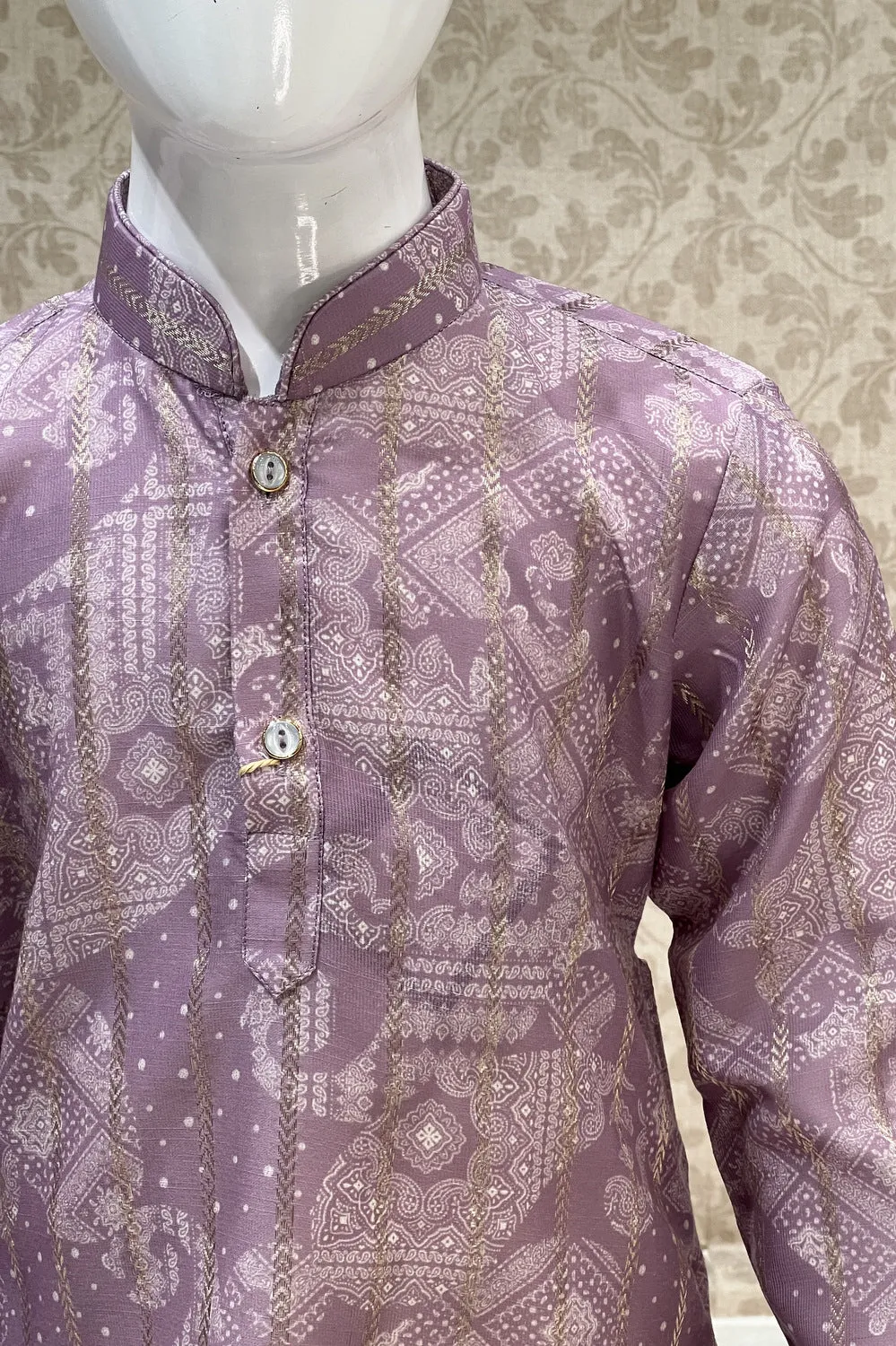 Lilac with Cream Digital Print Kurta Set for Boys