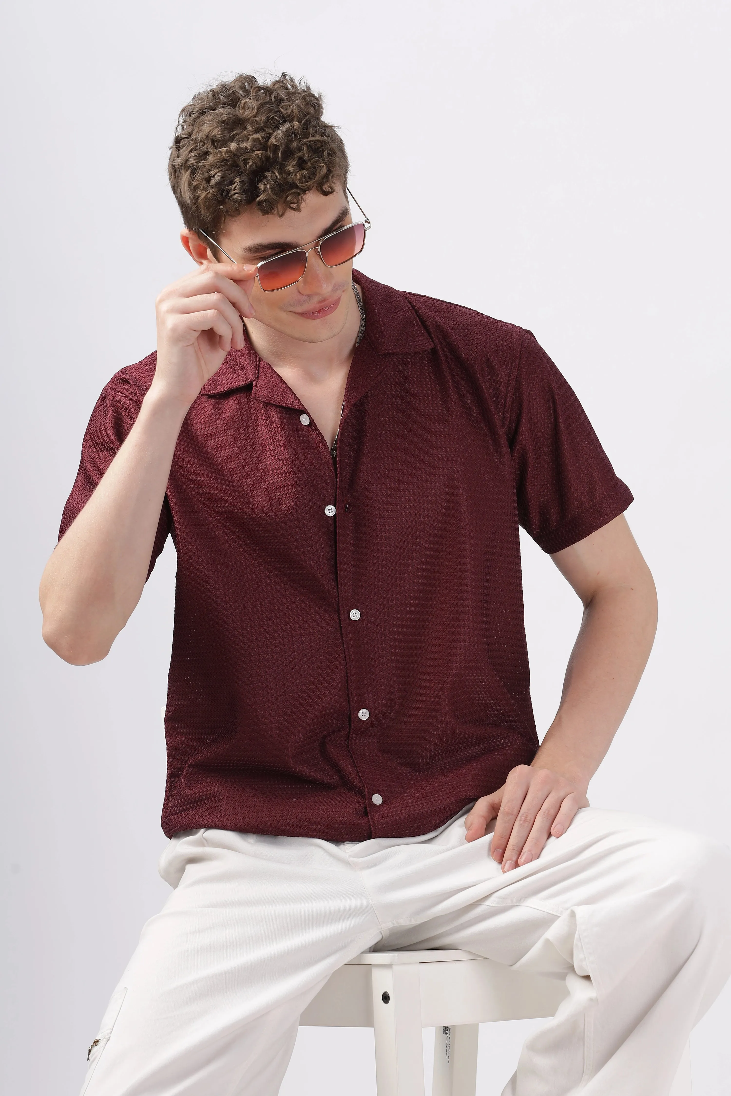 Maroon textured turkish weave half sleeve shirt