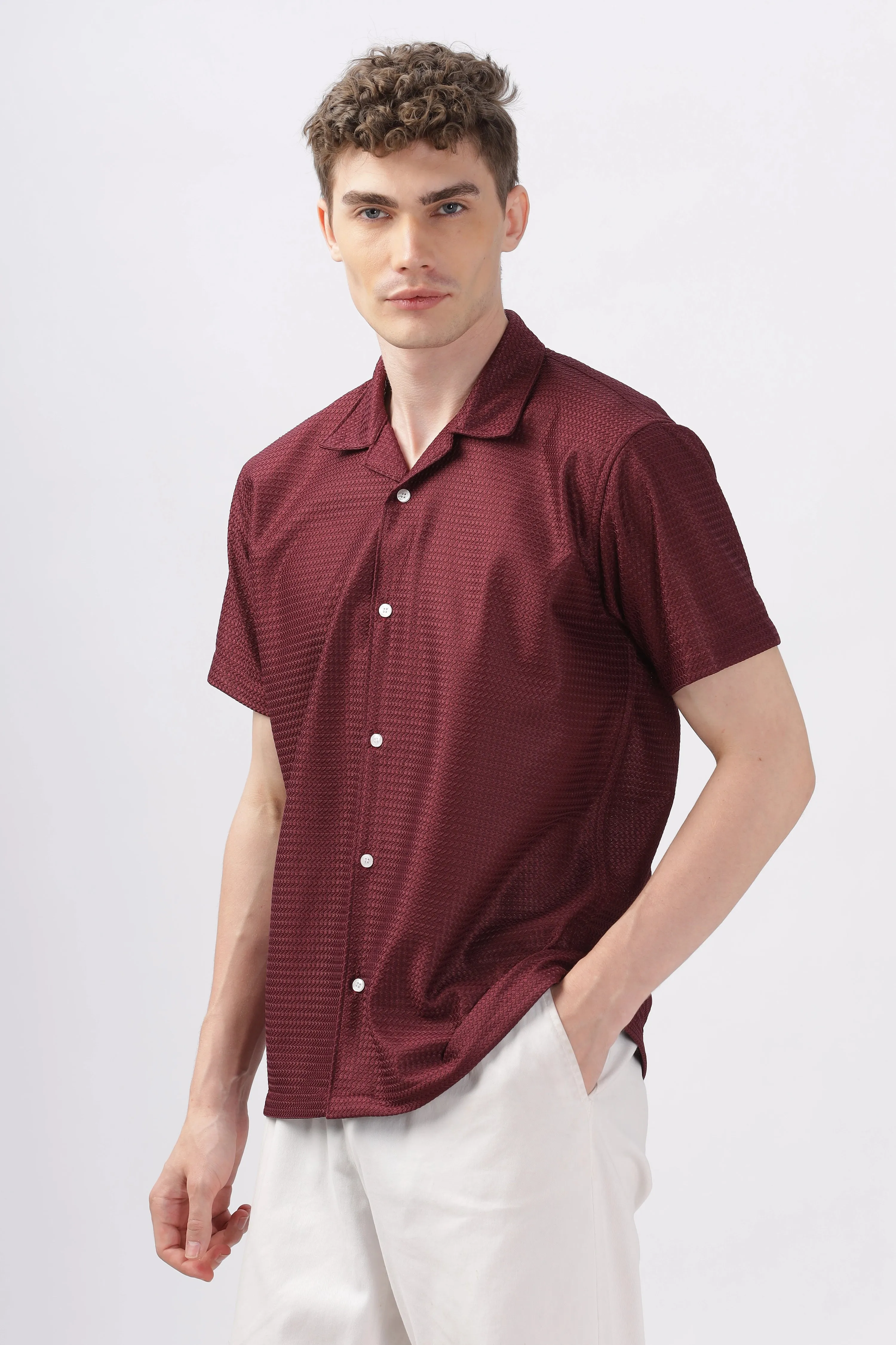 Maroon textured turkish weave half sleeve shirt