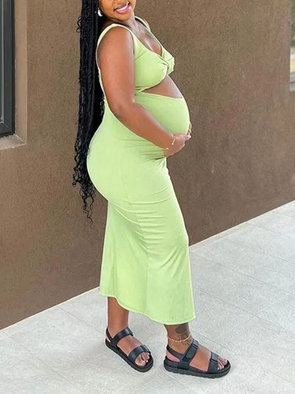 Momnfancy Green Off Shoulder Cut Out Bodycon V-Neck Cute Baby Shower Maternity Midi Dress